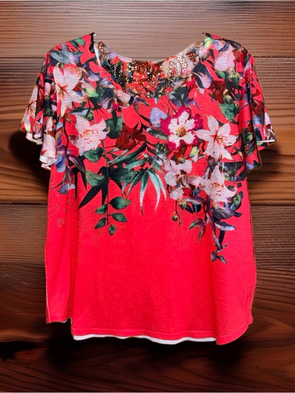 Time and Tru Coral Floral Scoop Neck Short Sleeve Top w/Lace Crochet Back-XL-EC